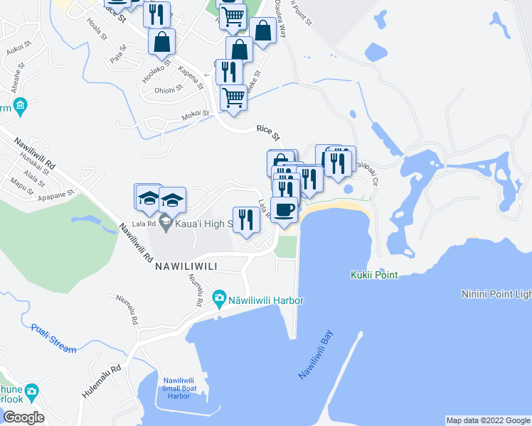 map of restaurants, bars, coffee shops, grocery stores, and more near 3312 Lala Road in Lihue