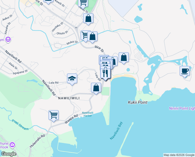 map of restaurants, bars, coffee shops, grocery stores, and more near 3312 Lala Road in Lihue