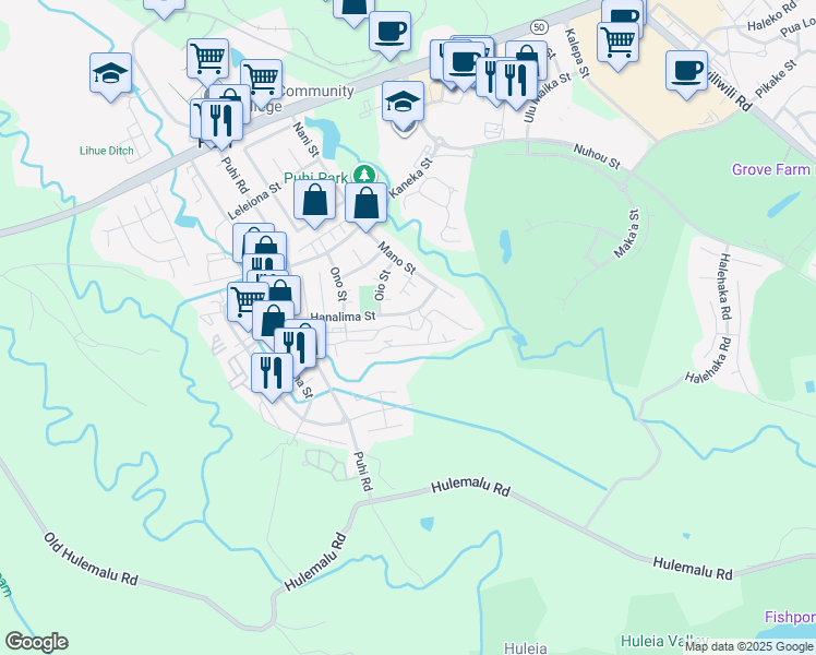 map of restaurants, bars, coffee shops, grocery stores, and more near 2090 Hanalima Street in Lihue