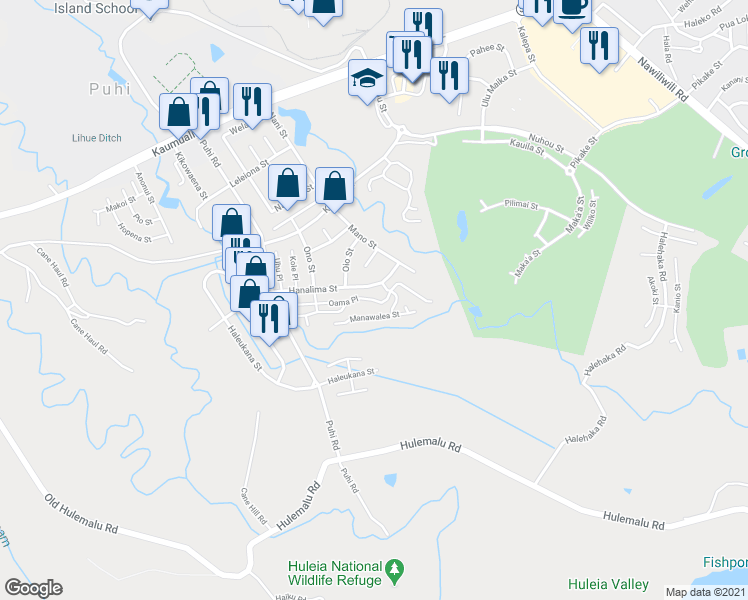 map of restaurants, bars, coffee shops, grocery stores, and more near 2090 Hanalima Street in Lihue
