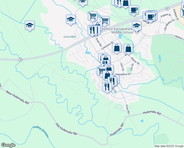 map of restaurants, bars, coffee shops, grocery stores, and more near 1696 Haleukana Street in Līhuʻe