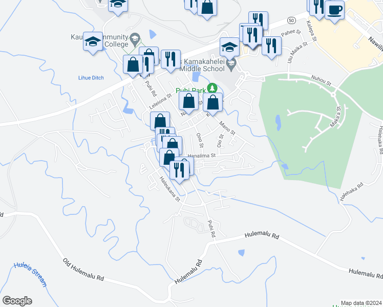 map of restaurants, bars, coffee shops, grocery stores, and more near 4205 Kole Place in Lihue