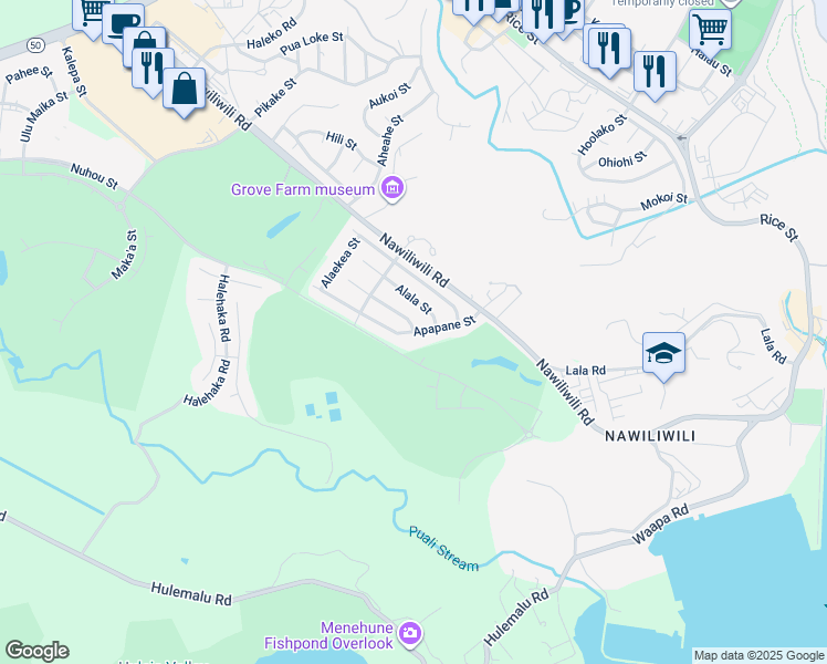 map of restaurants, bars, coffee shops, grocery stores, and more near 3145 Mapu Street in Lihue