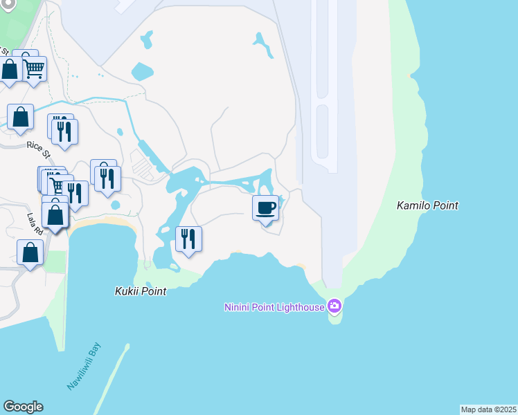 map of restaurants, bars, coffee shops, grocery stores, and more near Ninini Point Street in Lihue