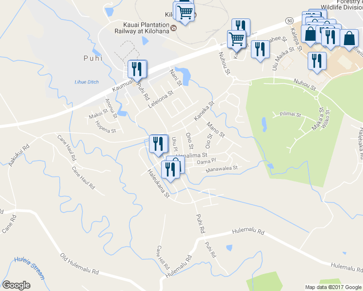 map of restaurants, bars, coffee shops, grocery stores, and more near 4233 Kole Place in Lihue