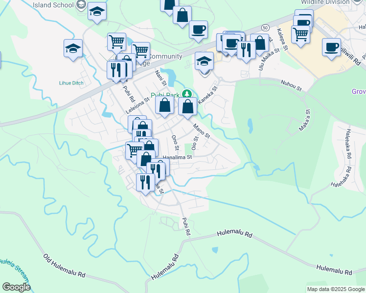 map of restaurants, bars, coffee shops, grocery stores, and more near 4230 Ono Street in Lihue