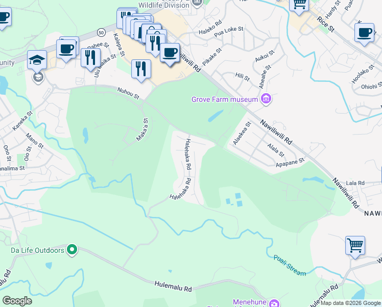 map of restaurants, bars, coffee shops, grocery stores, and more near 2490 Kanio Street in Lihue