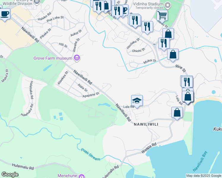 map of restaurants, bars, coffee shops, grocery stores, and more near 2720 Eleki Place in Lihue