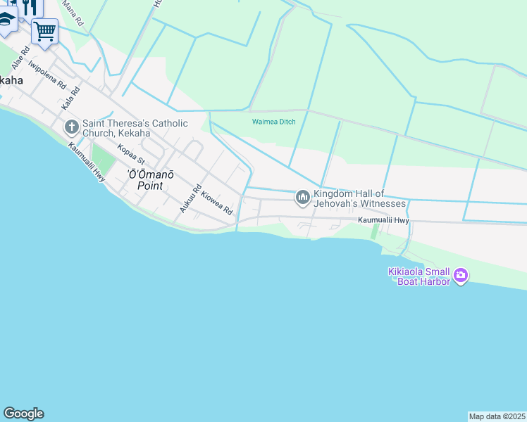 map of restaurants, bars, coffee shops, grocery stores, and more near 4510 Akepa Road in Kekaha