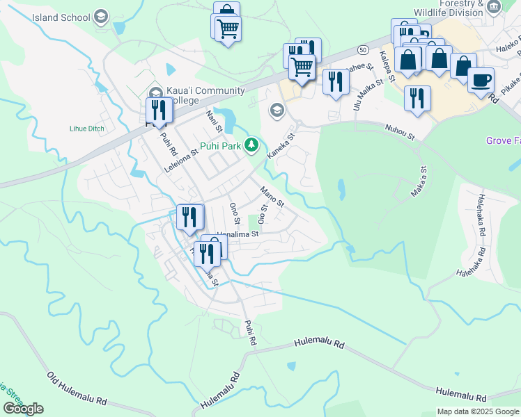 map of restaurants, bars, coffee shops, grocery stores, and more near 4230 Ono Street in Lihue