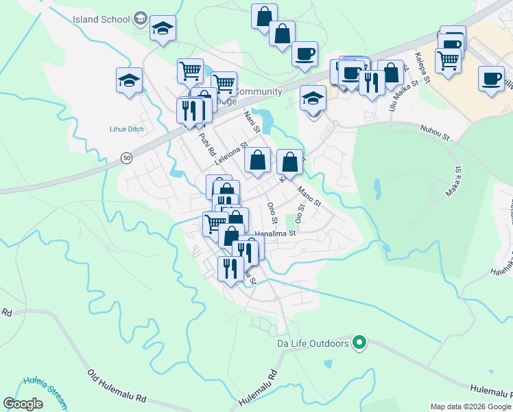 map of restaurants, bars, coffee shops, grocery stores, and more near 4233 Kole Place in Lihue