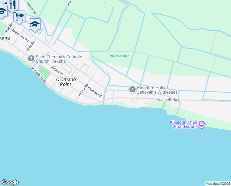 map of restaurants, bars, coffee shops, grocery stores, and more near 4510 Akepa Road in Kekaha