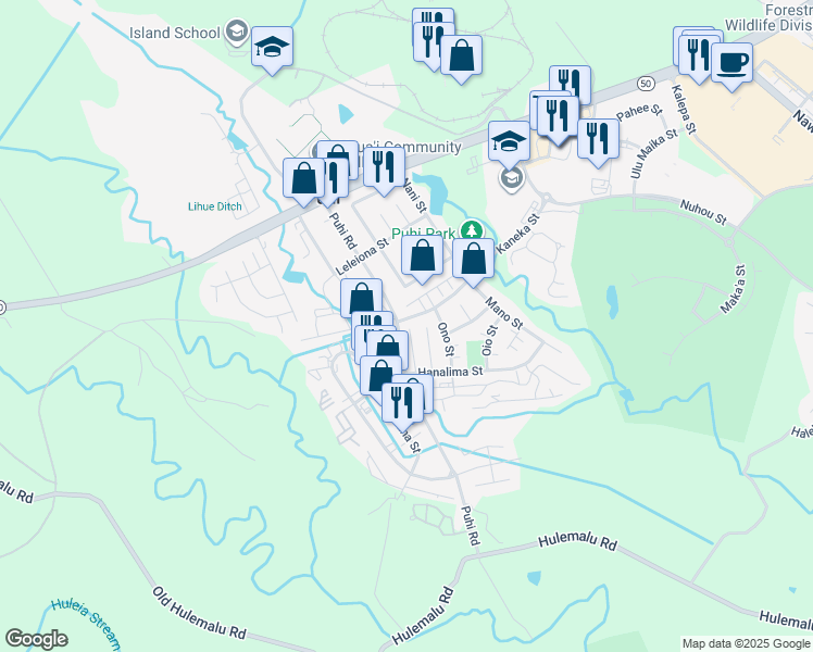 map of restaurants, bars, coffee shops, grocery stores, and more near 1913 Nana Pali Road in Lihue