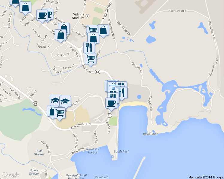 map of restaurants, bars, coffee shops, grocery stores, and more near 3551A Rice Street in Lihue