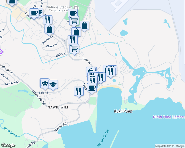 map of restaurants, bars, coffee shops, grocery stores, and more near 3582 Rice Street in Lihue