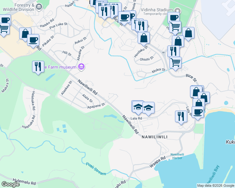 map of restaurants, bars, coffee shops, grocery stores, and more near 2750 Apapane Street in Lihue