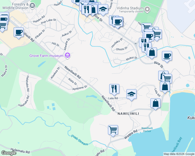 map of restaurants, bars, coffee shops, grocery stores, and more near 2750 Apapane Street in Lihue