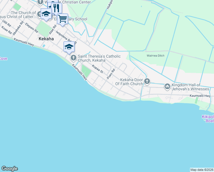 map of restaurants, bars, coffee shops, grocery stores, and more near 4533 Pueo Road in Kekaha