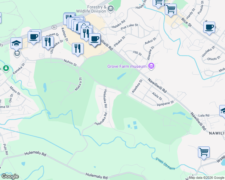 map of restaurants, bars, coffee shops, grocery stores, and more near 4140 Puahala Place in Lihue