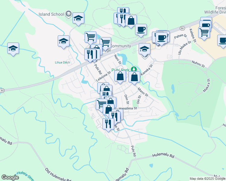 map of restaurants, bars, coffee shops, grocery stores, and more near 1913 Nana Pali Road in Lihue