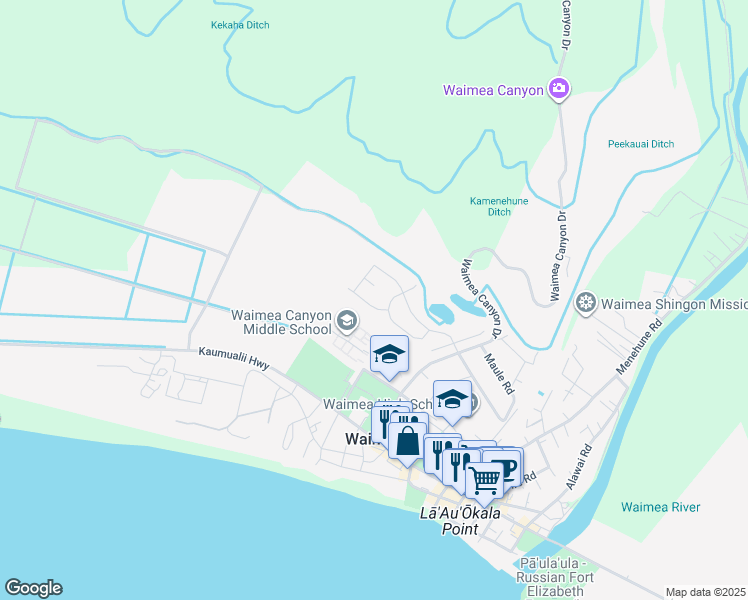 map of restaurants, bars, coffee shops, grocery stores, and more near 9457 Keahi Place in Waimea