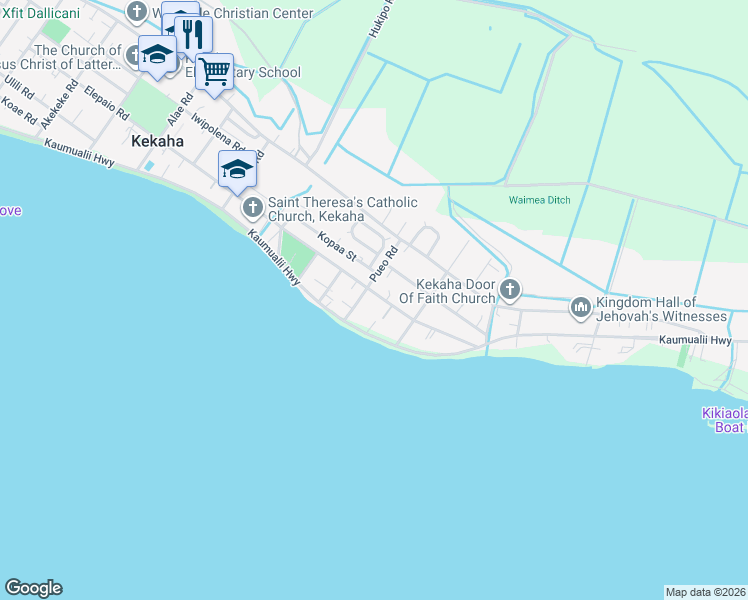 map of restaurants, bars, coffee shops, grocery stores, and more near 8569 Elepaio Road in Kekaha