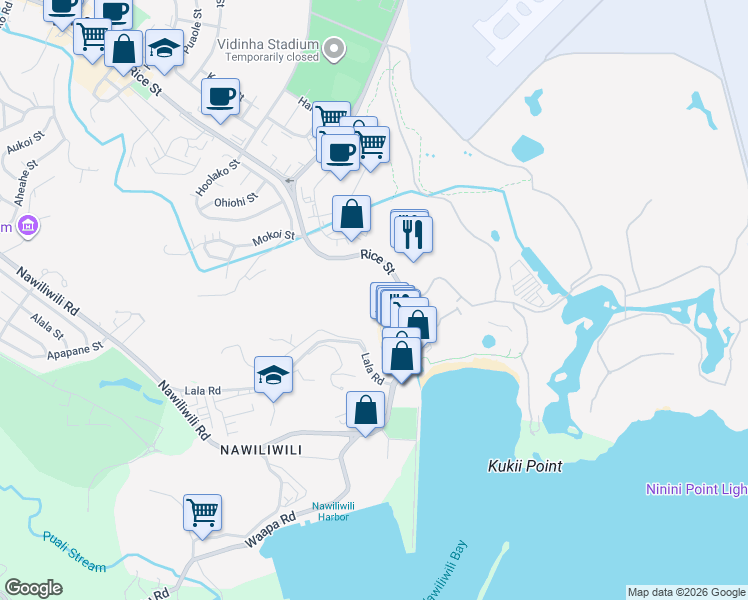 map of restaurants, bars, coffee shops, grocery stores, and more near 3551A Rice Street in Lihue