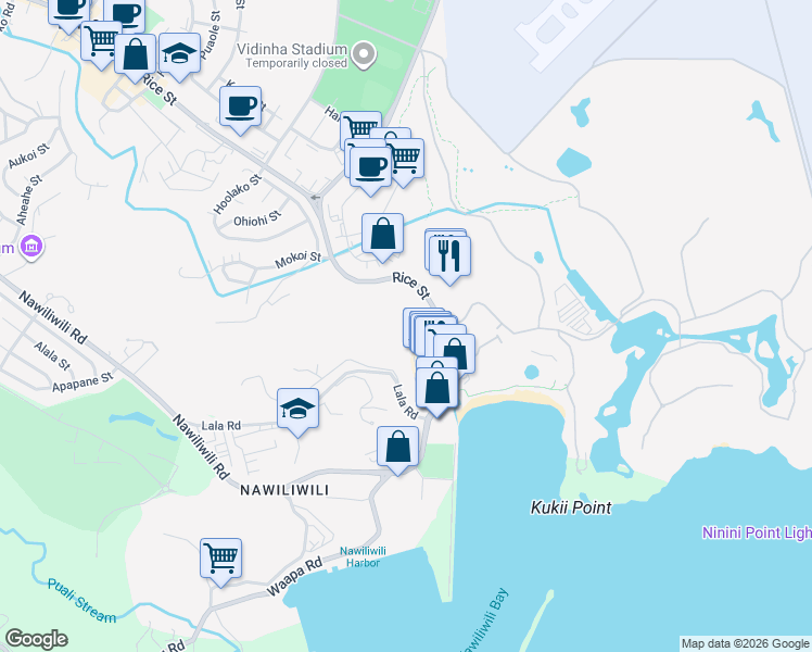 map of restaurants, bars, coffee shops, grocery stores, and more near 3551A Rice Street in Lihue
