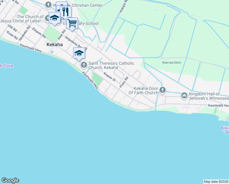 map of restaurants, bars, coffee shops, grocery stores, and more near 4533 Pueo Road in Kekaha