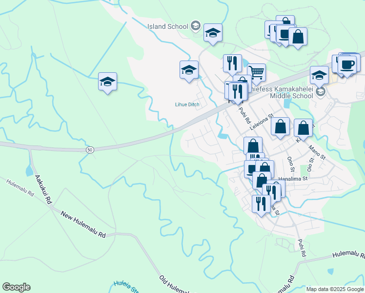 map of restaurants, bars, coffee shops, grocery stores, and more near 4437 Makoi Place in Lihue