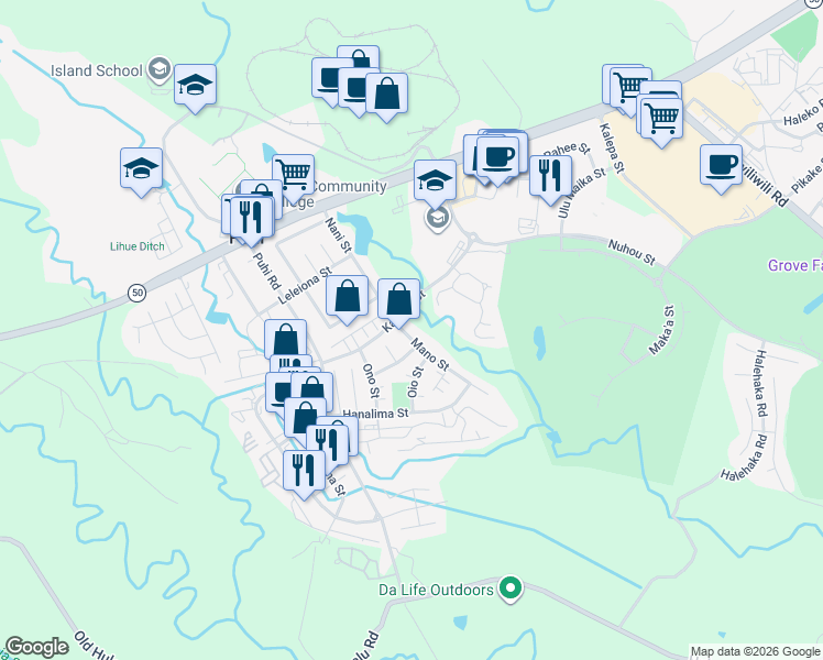 map of restaurants, bars, coffee shops, grocery stores, and more near 4270 Mano Street in Lihue