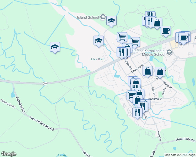 map of restaurants, bars, coffee shops, grocery stores, and more near Makoi Place in Puhi
