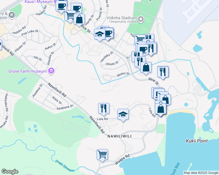 map of restaurants, bars, coffee shops, grocery stores, and more near 2817 Kapena Street in Lihue
