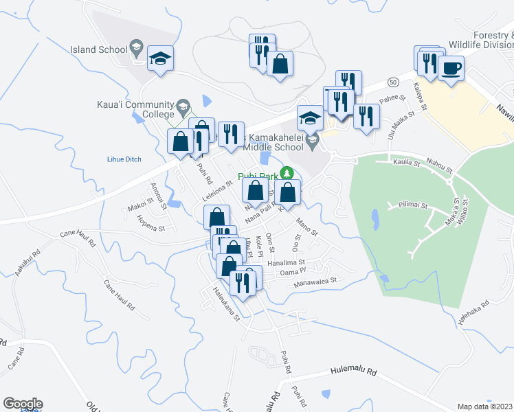 map of restaurants, bars, coffee shops, grocery stores, and more near 1950 Nahema Street in Lihue