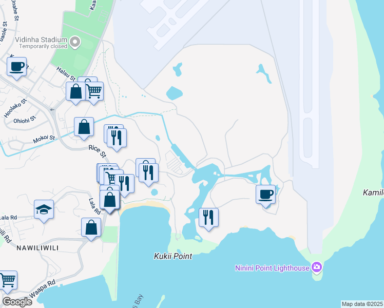 map of restaurants, bars, coffee shops, grocery stores, and more near 3325 Ho'Olaulea Way in Lihue