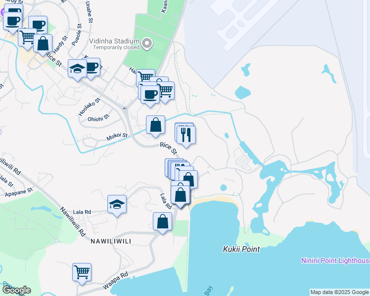 map of restaurants, bars, coffee shops, grocery stores, and more near 3582 Rice Street in Lihue