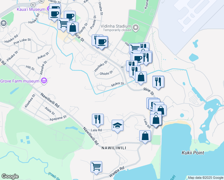 map of restaurants, bars, coffee shops, grocery stores, and more near 2817 Kapena Street in Lihue