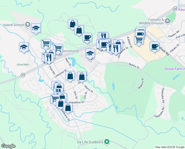 map of restaurants, bars, coffee shops, grocery stores, and more near 4270 Mano Street in Lihue