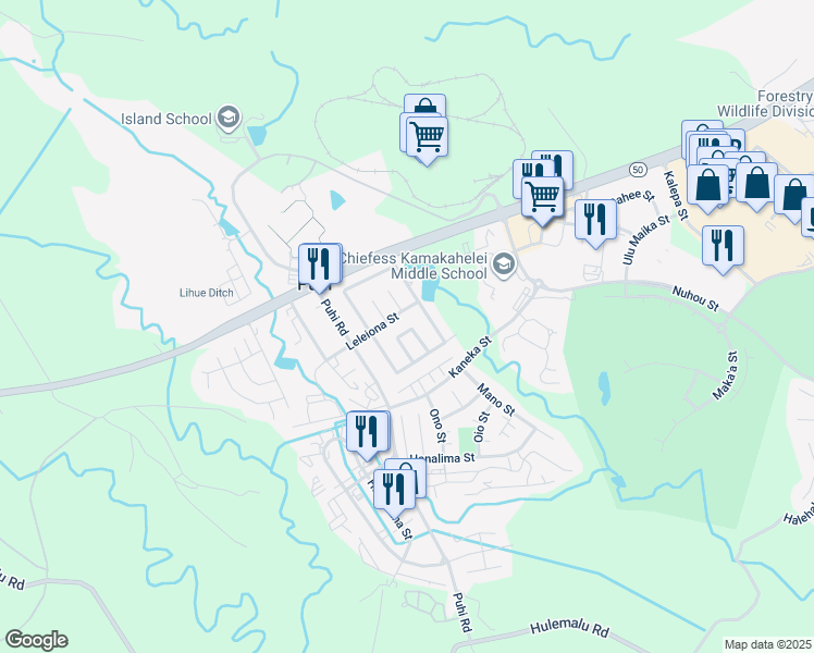 map of restaurants, bars, coffee shops, grocery stores, and more near 4377 Nani Street in Lihue