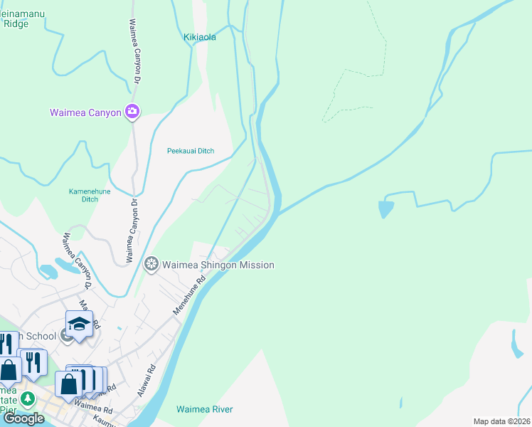 map of restaurants, bars, coffee shops, grocery stores, and more near 5096 Menehune Road in Waimea
