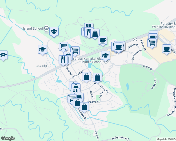 map of restaurants, bars, coffee shops, grocery stores, and more near 4377 Nani Street in Lihue