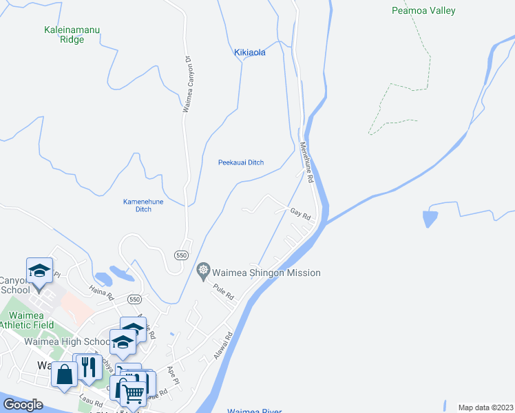 map of restaurants, bars, coffee shops, grocery stores, and more near Gay Road in Waimea