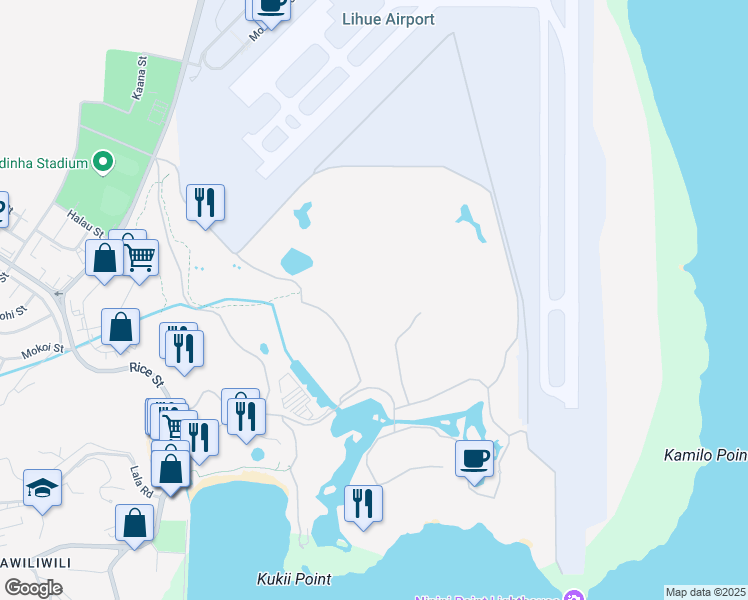 map of restaurants, bars, coffee shops, grocery stores, and more near 3325 Ho'Olaulea Way in Lihue