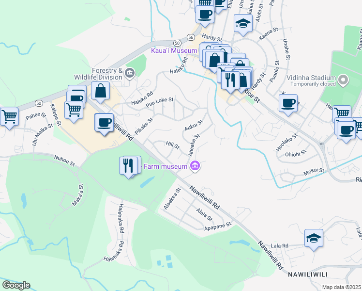 map of restaurants, bars, coffee shops, grocery stores, and more near 4130 Hili Street in Lihue