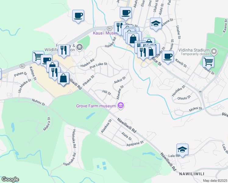 map of restaurants, bars, coffee shops, grocery stores, and more near 4130 Hili Street in Lihue