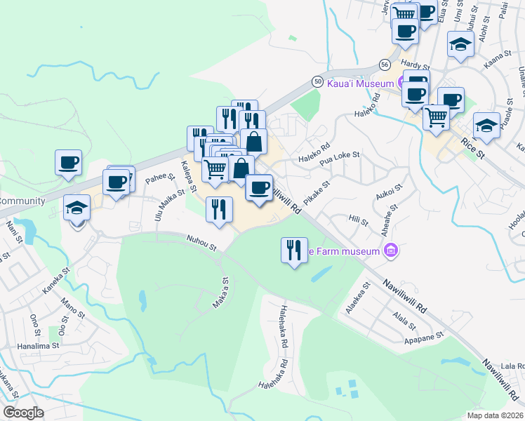 map of restaurants, bars, coffee shops, grocery stores, and more near 4151 Nawiliwili Rd in Lihue