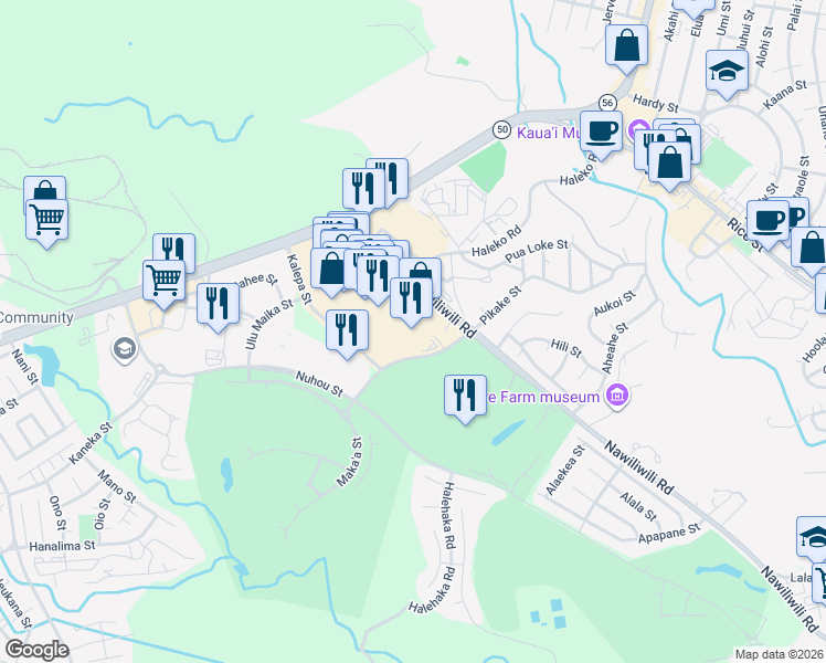 map of restaurants, bars, coffee shops, grocery stores, and more near 4151 Nawiliwili Rd in Lihue