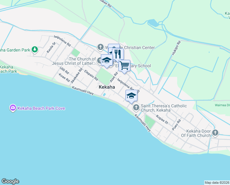 map of restaurants, bars, coffee shops, grocery stores, and more near 8240 Elepaio Road in Kekaha
