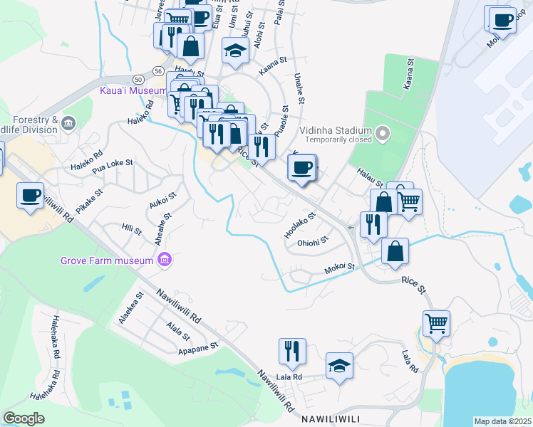 map of restaurants, bars, coffee shops, grocery stores, and more near 4160 Hoala Street in Lihue
