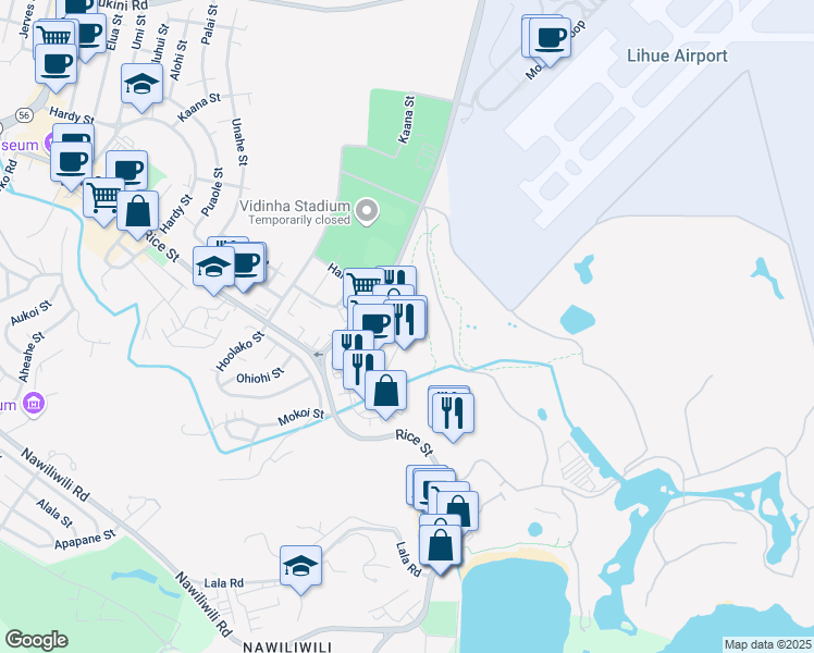 map of restaurants, bars, coffee shops, grocery stores, and more near 3129 Halau Street in Lihue